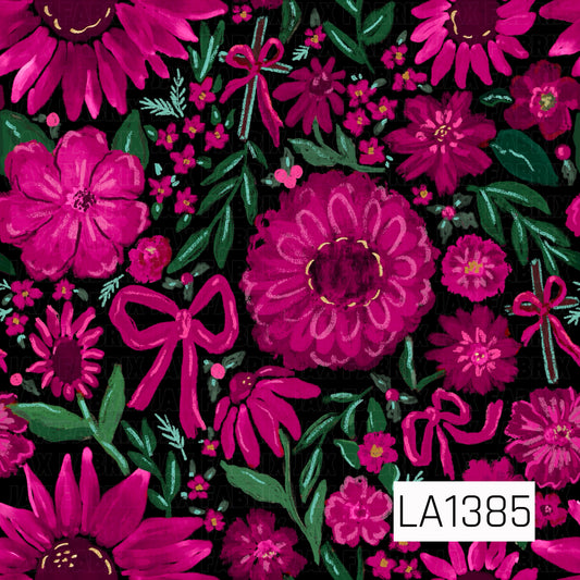 A bold hand-painted floral design featuring vibrant shades of hot pink, fuchsia, and deep berry on a black background. Rich green and teal foliage is scattered throughout with tiny coordinating florals, berries, playful pink bows, and crosses accented with bows. Textured brushstrokes and hand-drawn details give the design a whimsical, artistic feel.
