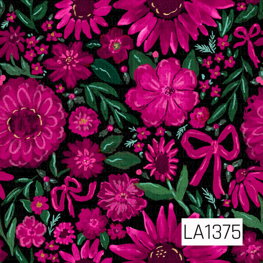 This seamless design features vibrant painterly florals in bold shades of hot pink, fuchsia, and berry. Deep green foliage, tiny scattered blossoms, whimsical pink bows, and touches of aqua create a playful contrast against the black background.
