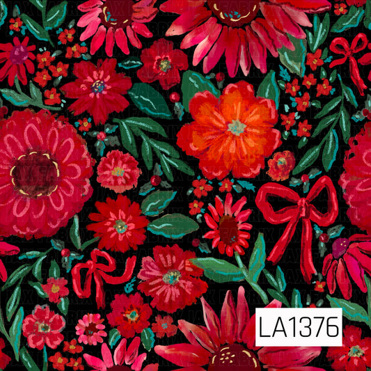 This seamless design features bold painterly florals in vibrant shades of red, coral, and hot pink on a black background. Deep green and teal foliage, scattered mini blossoms, berries, and whimsical red bows fill the pattern with a bright, festive feel.
