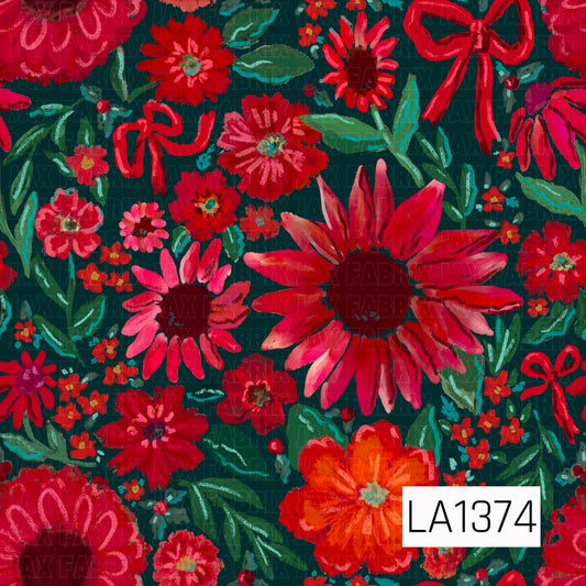 This seamless design features bold, painterly florals in vibrant reds, pinks, and coral tones mixed with whimsical red bows and tiny scattered blossoms. Deep green leafy stems, berry accents, and touches of aqua pop against the rich dark teal background for a colorful, festive floral pattern.
