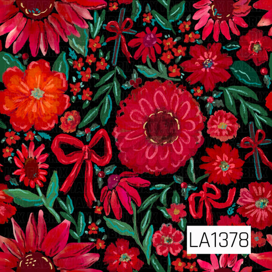 A bold hand-painted floral design featuring vibrant red, pink, and orange blooms on a deep black background. Teal and green leafy stems weave throughout the pattern with scattered tiny florals, playful red bows, and crosses accented with bows. Textured brushstrokes and sketch-style details give the design an artistic, whimsical feel with a rich holiday-inspired color palette.
