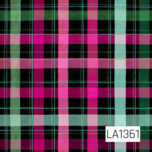 This seamless plaid design features bold berry pink and soft blush stripes layered with mint, teal, and deep green on a black background. Fine intersecting lines add extra dimension, giving the classic plaid a bright, playful holiday feel.
