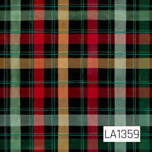 This seamless plaid design features bold overlapping stripes in festive red, forest green, soft mint, golden tan, and teal against a black background. The hand-painted texture and slightly uneven lines give the classic holiday plaid a cozy, artistic feel.
