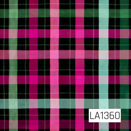 This seamless plaid design features bold overlapping stripes in vibrant pink, soft blush, mint, teal, and deep green against a black background. The layered, hand-painted lines give the pattern a playful, modern twist on a classic holiday plaid.

