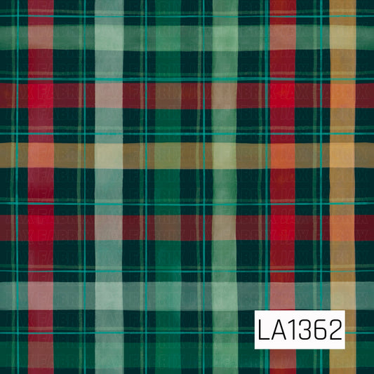 This seamless plaid design features a deep teal background layered with bold red, soft mint, green, and warm golden stripes. Thin aqua and dark green lines add extra detail, creating a rich, colorful holiday-inspired plaid.
