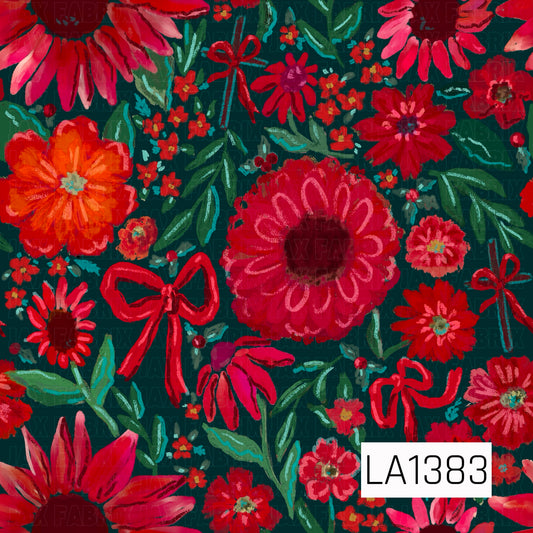 
A bold hand-painted floral design featuring vibrant red, burgundy, pink, and orange blooms on a deep dark green background. Lush green and teal foliage is scattered throughout with clusters of tiny flowers, berries, playful red bows, and crosses accented with bows. Textured brushstrokes and hand-drawn details give the design a rich, whimsical, artistic feel.
