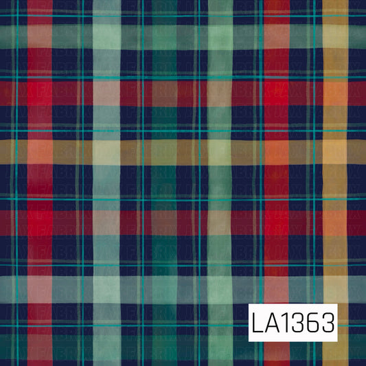 This seamless plaid design features a deep navy background with bold stripes in red, emerald green, soft mint, and warm golden yellow. Thin teal and green accent lines create a layered, hand-painted plaid look with a colorful holiday feel.
