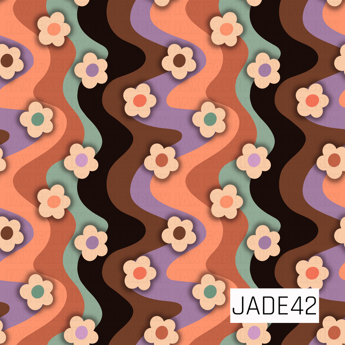 A bold retro floral pattern featuring flowing wavy stripes in warm coral, rust, chocolate brown, black, lavender, and muted sage green. Simple cream flowers with colorful centers are scattered throughout, giving the design a funky 70s-inspired feel with a playful, groovy look.