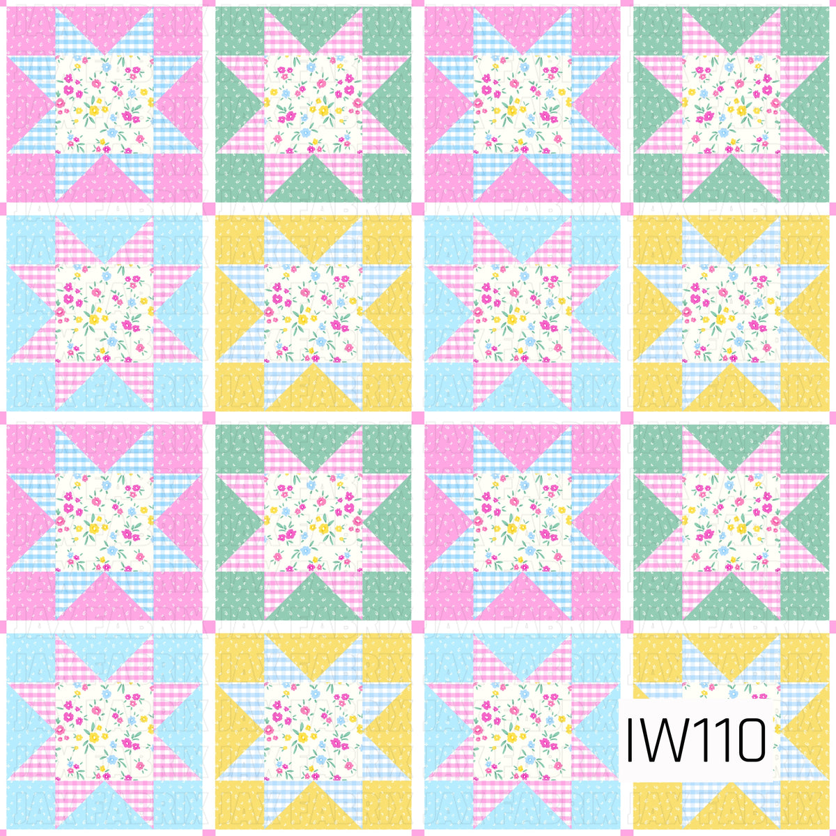 A cheerful vintage-inspired patchwork quilt pattern featuring repeating geometric star blocks in soft pink, sky blue, mint green, and sunny yellow. Each star has a delicate floral center filled with tiny pink, blue, and yellow blossoms, surrounded by coordinating gingham checks and dainty floral prints. The alternating color combinations and crisp white borders create a playful, cottage-inspired design with a sweet, nostalgic feel.