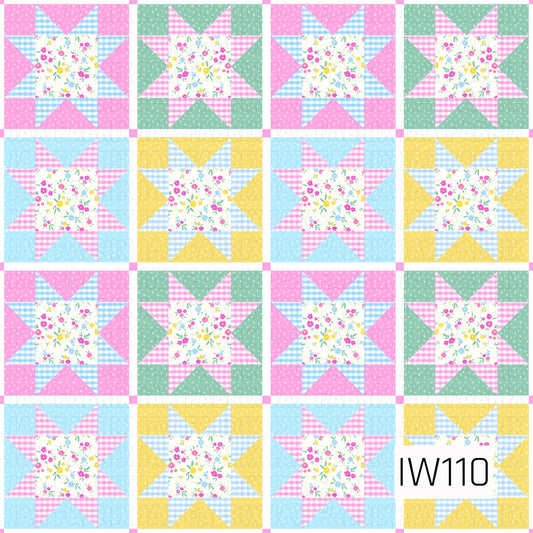 A cheerful vintage-inspired patchwork quilt pattern featuring repeating geometric star blocks in soft pink, sky blue, mint green, and sunny yellow. Each star has a delicate floral center filled with tiny pink, blue, and yellow blossoms, surrounded by coordinating gingham checks and dainty floral prints. The alternating color combinations and crisp white borders create a playful, cottage-inspired design with a sweet, nostalgic feel.