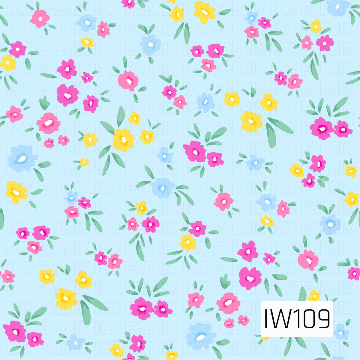 A cheerful hand-painted floral pattern featuring scattered clusters of whimsical flowers in vibrant hot pink, soft pink, sunny yellow, and light blue. The blooms vary in size and are accented with delicate sage green leaves and stems. Set against a soft pastel blue background, the textured brushstroke details create a playful, fresh, vintage-inspired design.