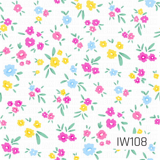 A cheerful hand-painted floral pattern featuring scattered clusters of whimsical flowers in vibrant hot pink, soft pink, sunny yellow, and light blue. The blooms vary in size and are accented with delicate sage green leaves and stems. The slightly textured brushstroke details and crisp white background create a playful, fresh, vintage-inspired design.