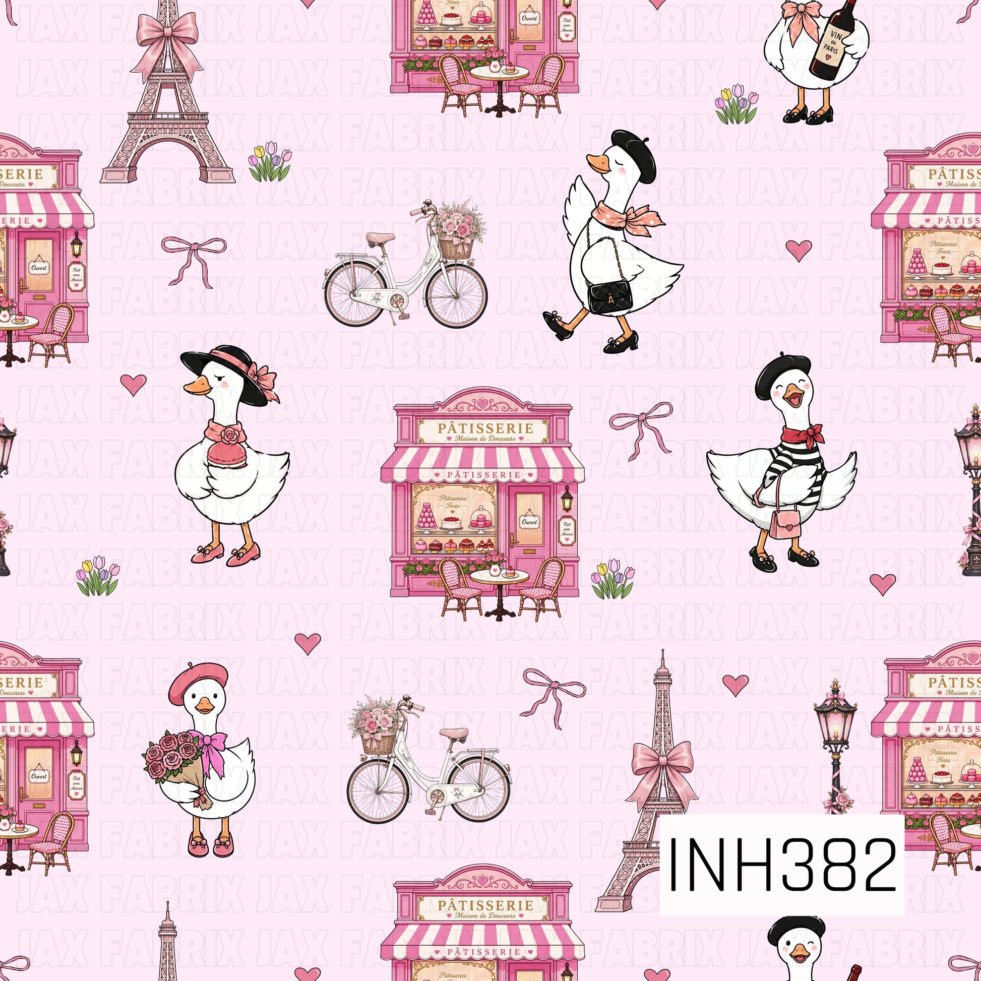 A charming seamless pattern featuring fashionable geese dressed in chic Parisian outfits surrounded by elegant pâtisseries, flower-filled bicycles, the Eiffel Tower, bows, tulips, and dainty hearts. Set against a soft blush pink background, this whimsical design captures the romance and charm of a stylish day in Paris with sweet coquette-inspired details.
