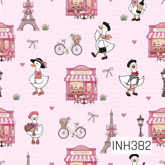 A charming seamless pattern featuring fashionable geese dressed in chic Parisian outfits surrounded by elegant pâtisseries, flower-filled bicycles, the Eiffel Tower, bows, tulips, and dainty hearts. Set against a soft blush pink background, this whimsical design captures the romance and charm of a stylish day in Paris with sweet coquette-inspired details.
