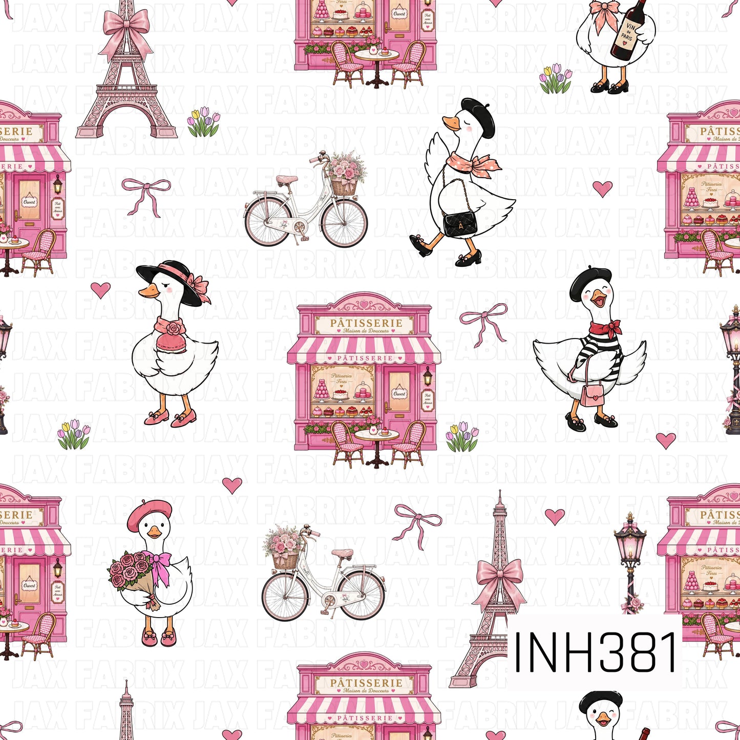 A charming seamless pattern featuring fashionable geese enjoying a whimsical Parisian day surrounded by pink pâtisseries, the Eiffel Tower, flower-filled bicycles, bows, bouquets, and delicate hearts. Soft pink accents and elegant French-inspired details create a sweet, coquette aesthetic full of charm and café culture.
