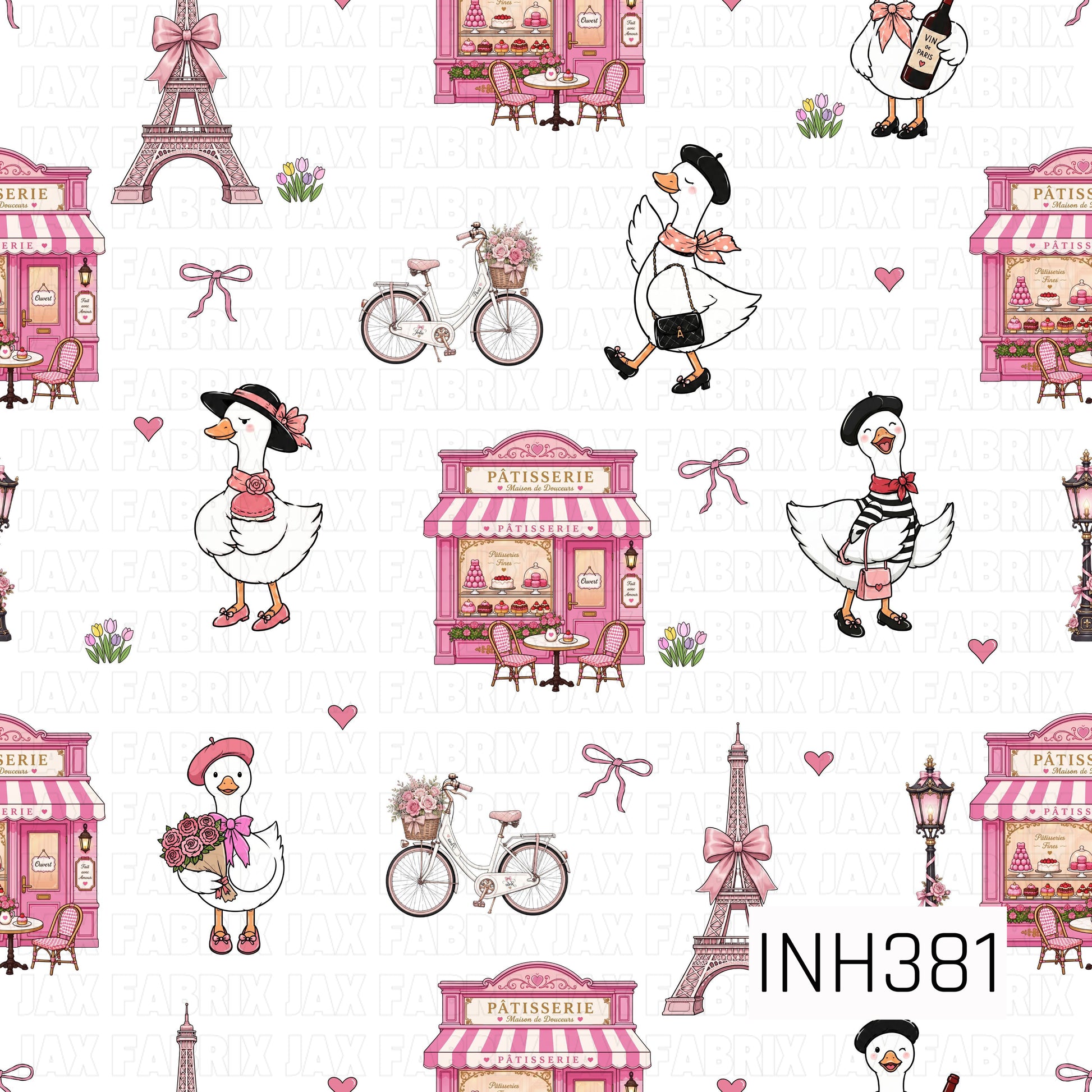 A charming seamless pattern featuring fashionable geese enjoying a whimsical Parisian day surrounded by pink pâtisseries, the Eiffel Tower, flower-filled bicycles, bows, bouquets, and delicate hearts. Soft pink accents and elegant French-inspired details create a sweet, coquette aesthetic full of charm and café culture.
