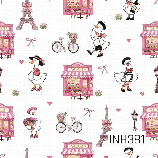 A charming seamless pattern featuring fashionable geese enjoying a whimsical Parisian day surrounded by pink pâtisseries, the Eiffel Tower, flower-filled bicycles, bows, bouquets, and delicate hearts. Soft pink accents and elegant French-inspired details create a sweet, coquette aesthetic full of charm and café culture.

