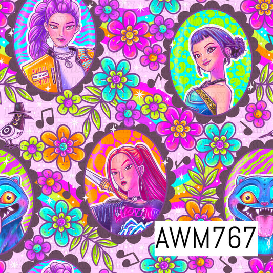 A vibrant seamless pattern featuring stylized idol portraits, whimsical creatures, colorful retro flowers, music notes, rainbow accents, and playful graphic details in bright shades of pink, purple, teal, orange, and lime green, all set against a soft pastel pink background. The bold, high-energy artwork blends fantasy-inspired elements with cheerful floral motifs for a fun, eye-catching design.
