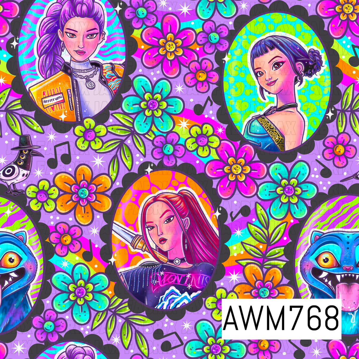 A vibrant seamless pattern featuring stylized idol portraits, whimsical creatures, colorful retro flowers, music notes, rainbow accents, and playful graphic details in bold shades of purple, pink, teal, orange, and lime green. Set against a soft purple background. The lively, high-energy design blends fantasy-inspired artwork with bright floral elements for a fun, eye-catching look.