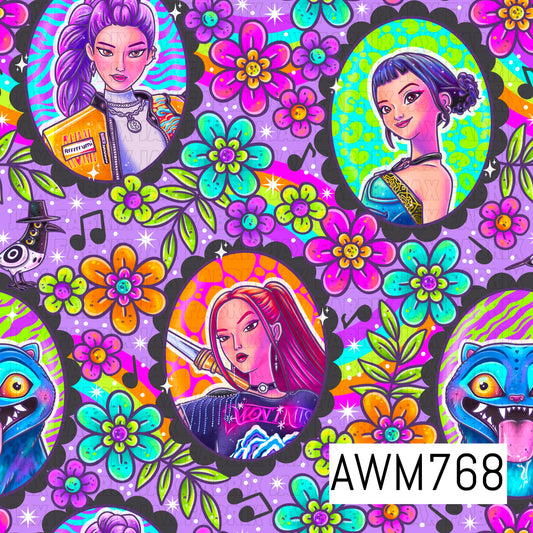 A vibrant seamless pattern featuring stylized idol portraits, whimsical creatures, colorful retro flowers, music notes, rainbow accents, and playful graphic details in bold shades of purple, pink, teal, orange, and lime green. Set against a soft purple background. The lively, high-energy design blends fantasy-inspired artwork with bright floral elements for a fun, eye-catching look.