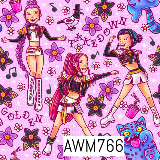 A lively seamless pattern featuring stylized idol characters, whimsical creatures, music notes, flowers, playful typography, and fun graphic accents in bold pink, purple, blue, black, and white tones, all set against a soft pastel pink background. The vibrant, high-energy artwork creates a cheerful, fantasy-inspired design with a playful pop aesthetic.