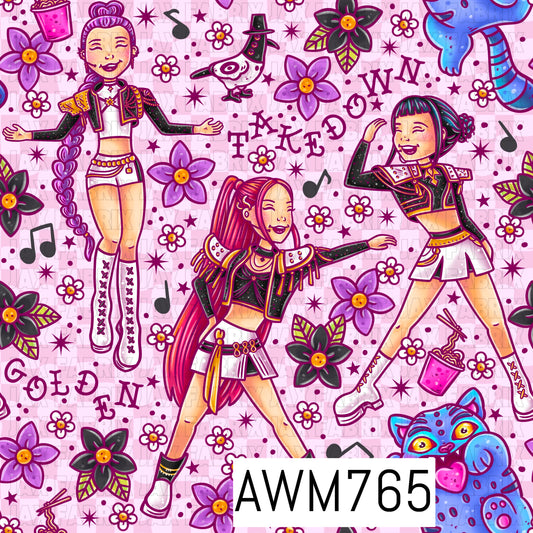 A lively seamless pattern featuring stylized idol characters, whimsical creatures, music notes, flowers, playful typography, and fun graphic accents in bold pink, purple, blue, black, and white tones, all set against a soft pastel pink checker background. The vibrant, fantasy-inspired artwork creates a cheerful, energetic design with a playful pop aesthetic.