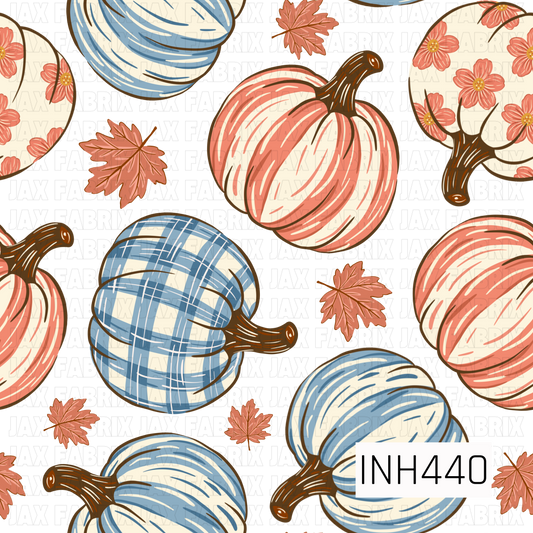 A playful fall pattern featuring hand-drawn pumpkins in coral pink, soft blue, and cream, mixed with floral-filled pumpkins and scattered autumn leaves. Set against a bold black background, the warm brown stems and vintage-inspired colors give it a fun, artsy autumn feel.
