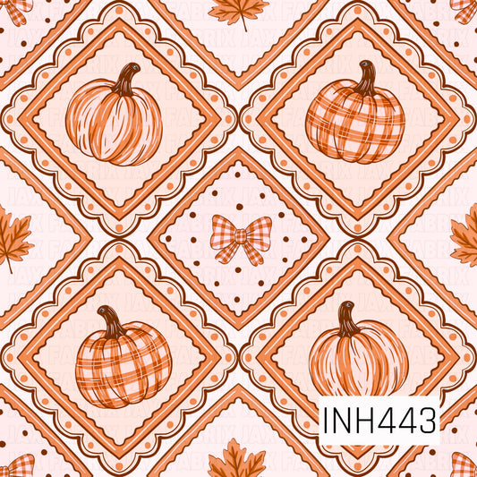 A whimsical fall pattern featuring pumpkins, plaid bows, and autumn leaves arranged inside decorative diamond-shaped frames. Warm shades of orange, coral, cream, and brown are paired with scalloped borders and playful polka dot accents for a sweet, hand-drawn look.
