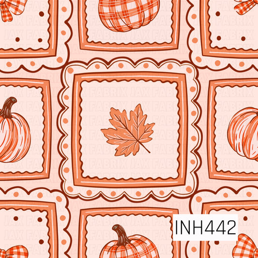 A playful fall patchwork pattern featuring framed pumpkins, plaid bows, and autumn leaves in warm shades of orange, coral, cream, and brown. Scalloped borders, polka dots, and hand-drawn details give the design a sweet, whimsical vintage feel.
