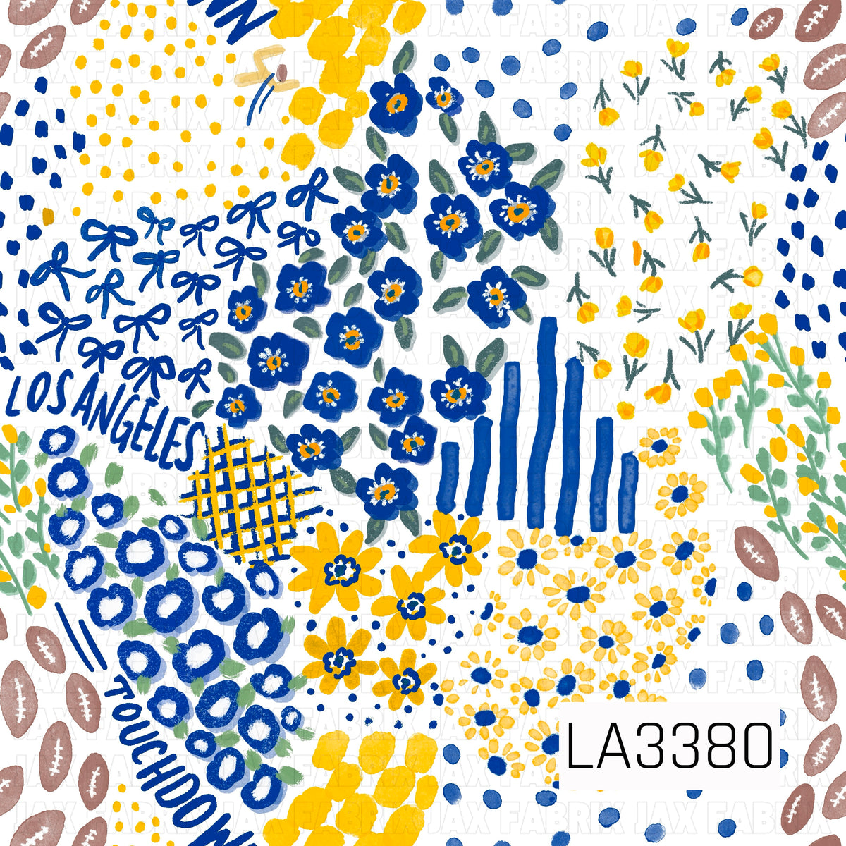 A playful Los Angeles football-inspired print featuring bold royal blue and golden yellow on a crisp white background. Hand-painted florals, bows, footballs, scattered dots, stripes, and sketchy accents are mixed with “Los Angeles” and “Touchdown” lettering for a fun, artsy game day look.
