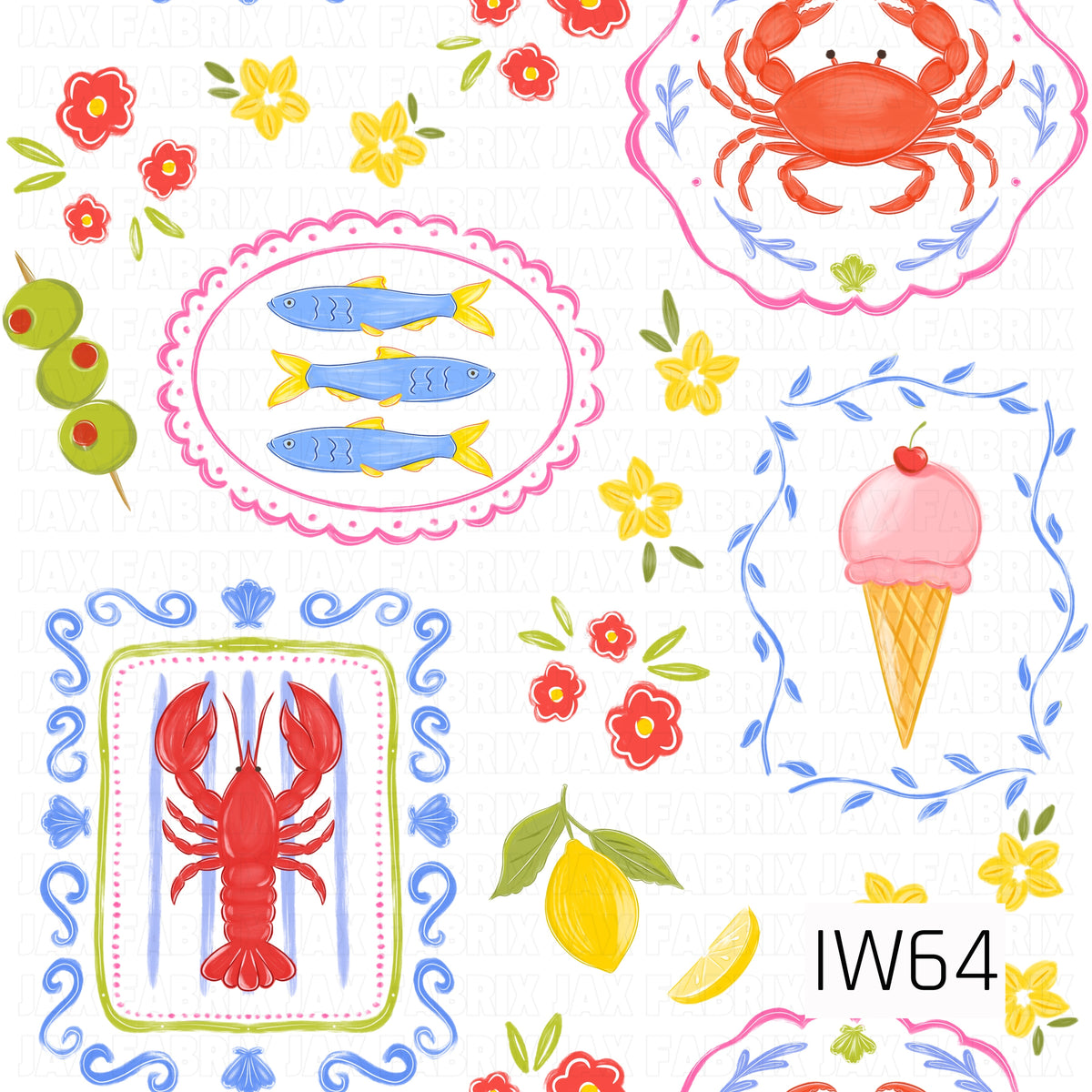 A vibrant Mediterranean-inspired summer pattern featuring whimsical hand-painted illustrations of bright red lobsters and crabs, blue fish with golden yellow fins, a pink ice cream cone, fresh lemons, and green olives. Each motif is surrounded by decorative scalloped frames, delicate blue flourishes, and playful pink accents. Scattered red and yellow flowers with fresh green leaves fill the crisp white background, creating a colorful, cheerful design with a charming Italian coastal feel.