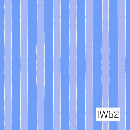A fresh and playful vertical stripe pattern featuring alternating shades of vibrant cornflower blue and soft periwinkle blue. Thin, slightly uneven white lines separate each stripe, adding a subtle hand-painted texture and a relaxed, whimsical feel. The combination of cool blue tones creates a charming, coastal-inspired design with a classic cabana stripe look.