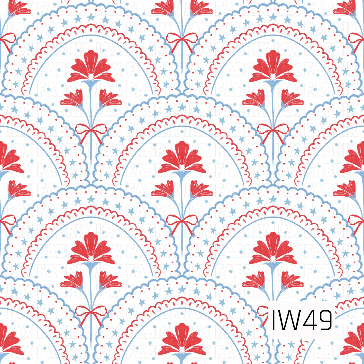 A vintage-inspired patriotic pattern featuring delicate scalloped lace arches in soft blue and red against a crisp white background. Each arch is accented with tiny blue stars, playful dotted details, and bright red floral bouquets tied with dainty ribbon bows, creating a sweet, feminine Americana design with a charming folk-art feel.