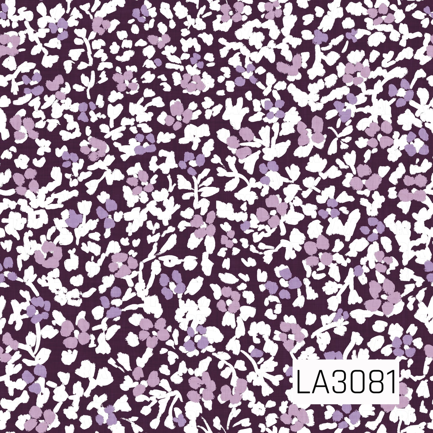 A dense, painterly floral pattern featuring layered white and soft lavender blossoms with leafy sprigs scattered across a rich dark plum background. The closely packed florals create a lacy, textured effect with a romantic vintage feel and striking contrast.
