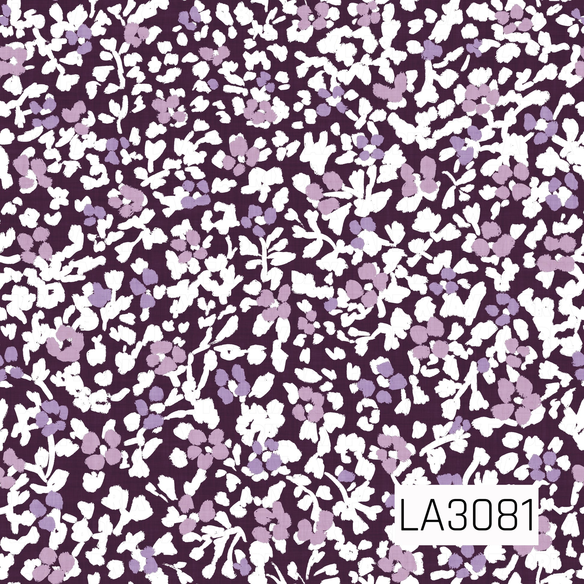 A dense, painterly floral pattern featuring layered white and soft lavender blossoms with leafy sprigs scattered across a rich dark plum background. The closely packed florals create a lacy, textured effect with a romantic vintage feel and striking contrast.
