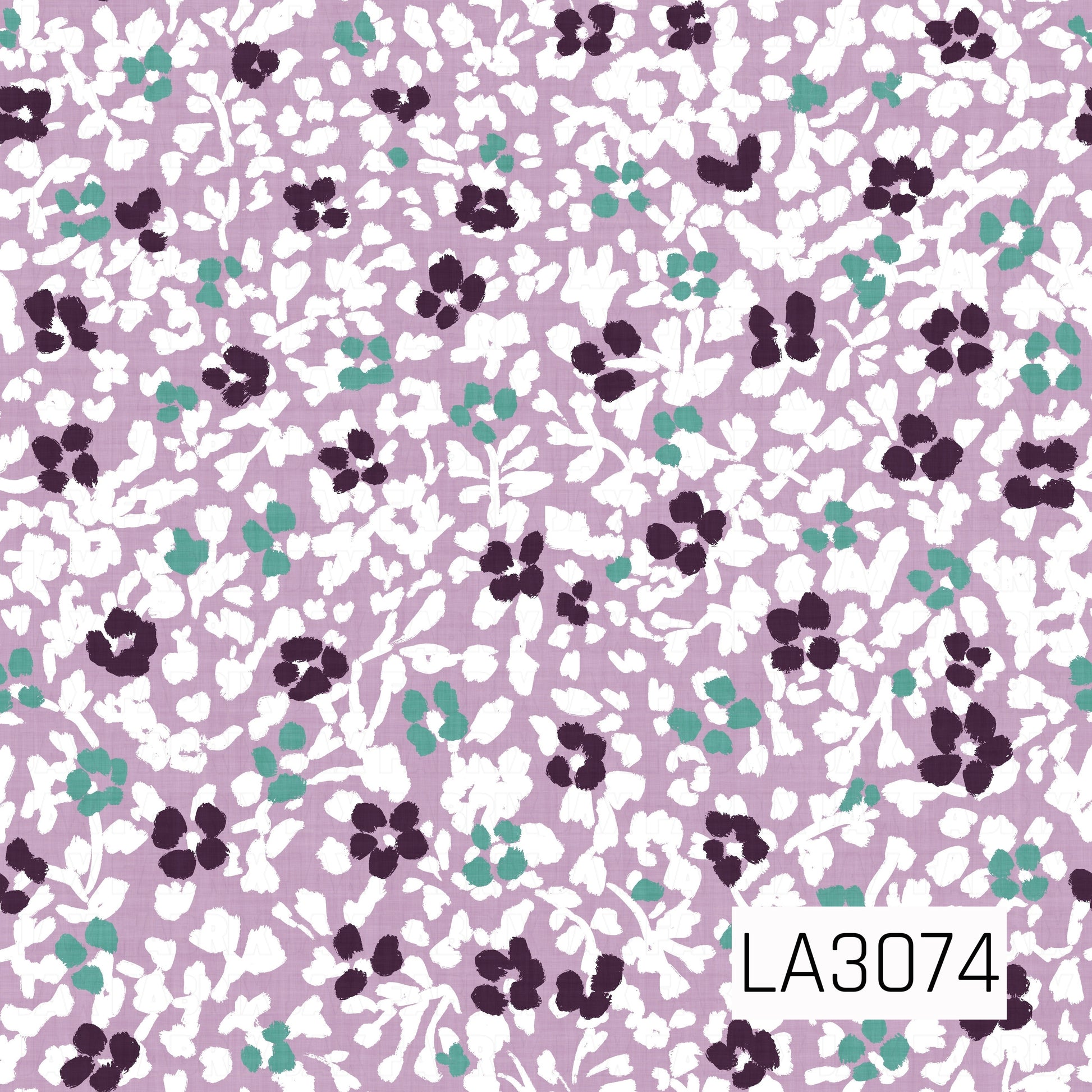 A dense floral pattern featuring white leafy vines and blossoms scattered across a dusty lavender background, accented with deep plum and soft teal flowers. The slightly textured, hand-painted style gives the design a layered vintage botanical feel.
