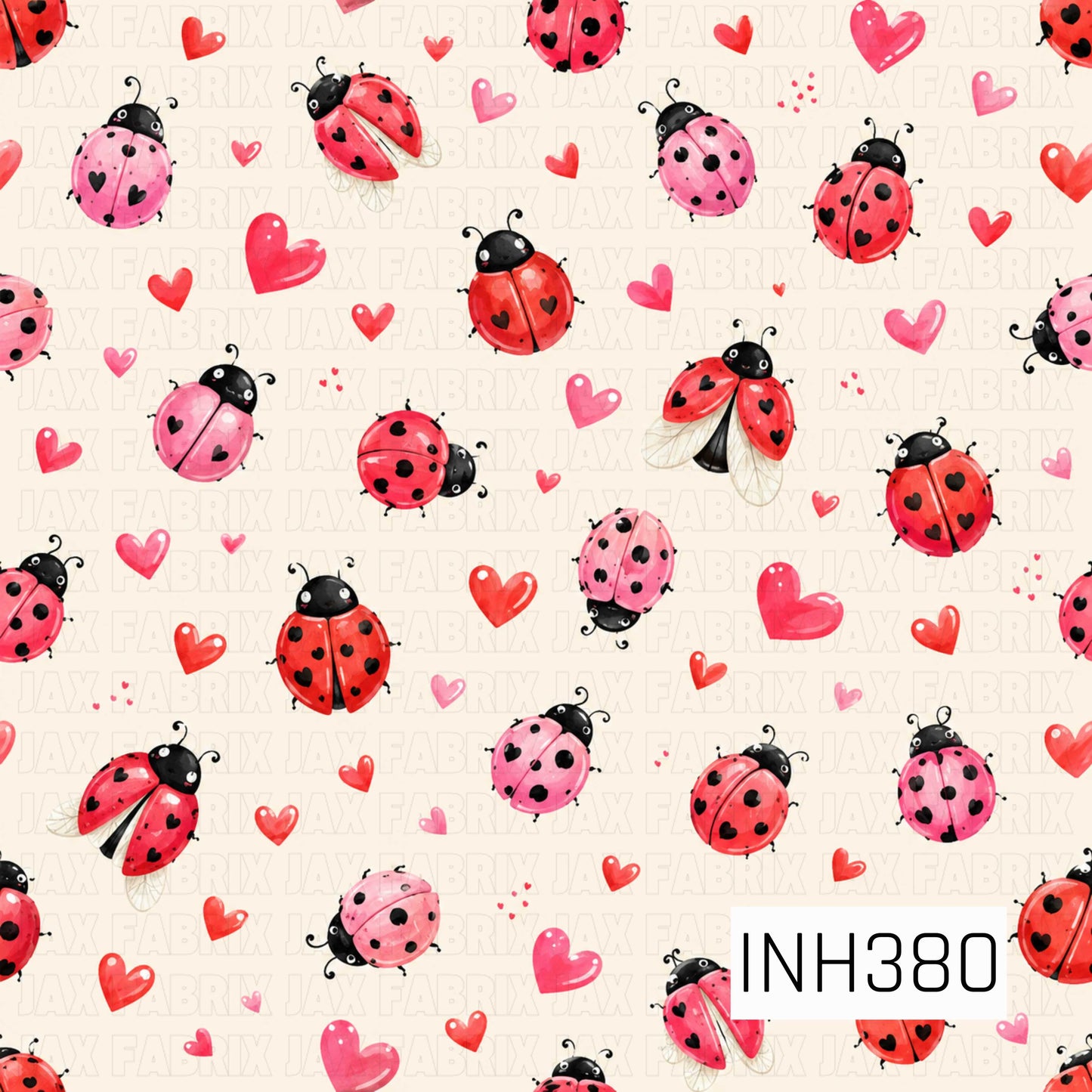 A charming seamless pattern featuring watercolor red and pink ladybugs scattered across a soft cream background with playful hearts. The sweet, whimsical design combines classic ladybugs, tiny heart accents, and delicate details for a cheerful, love-filled look perfect for spring and Valentine's-inspired creations.
