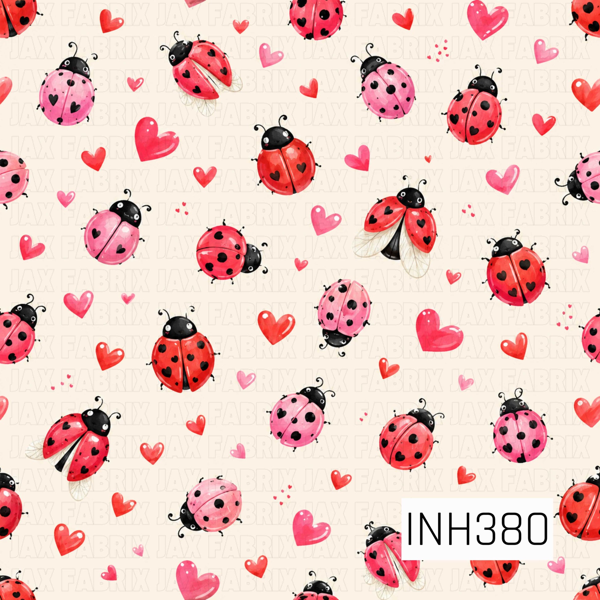 A charming seamless pattern featuring watercolor red and pink ladybugs scattered across a soft cream background with playful hearts. The sweet, whimsical design combines classic ladybugs, tiny heart accents, and delicate details for a cheerful, love-filled look perfect for spring and Valentine's-inspired creations.
