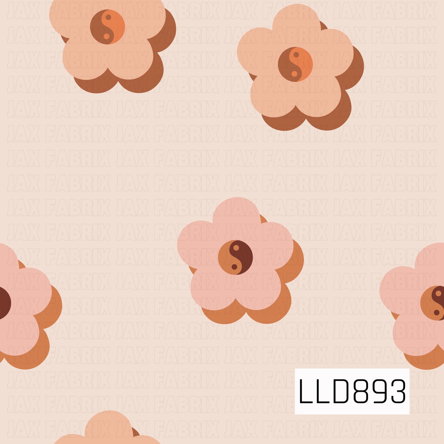 A simple retro floral design featuring oversized peach and coral daisies with yin-yang centers. Layered shadow details in warm rust and orange tones add dimension, all set against a soft cream background for a groovy vintage feel.
