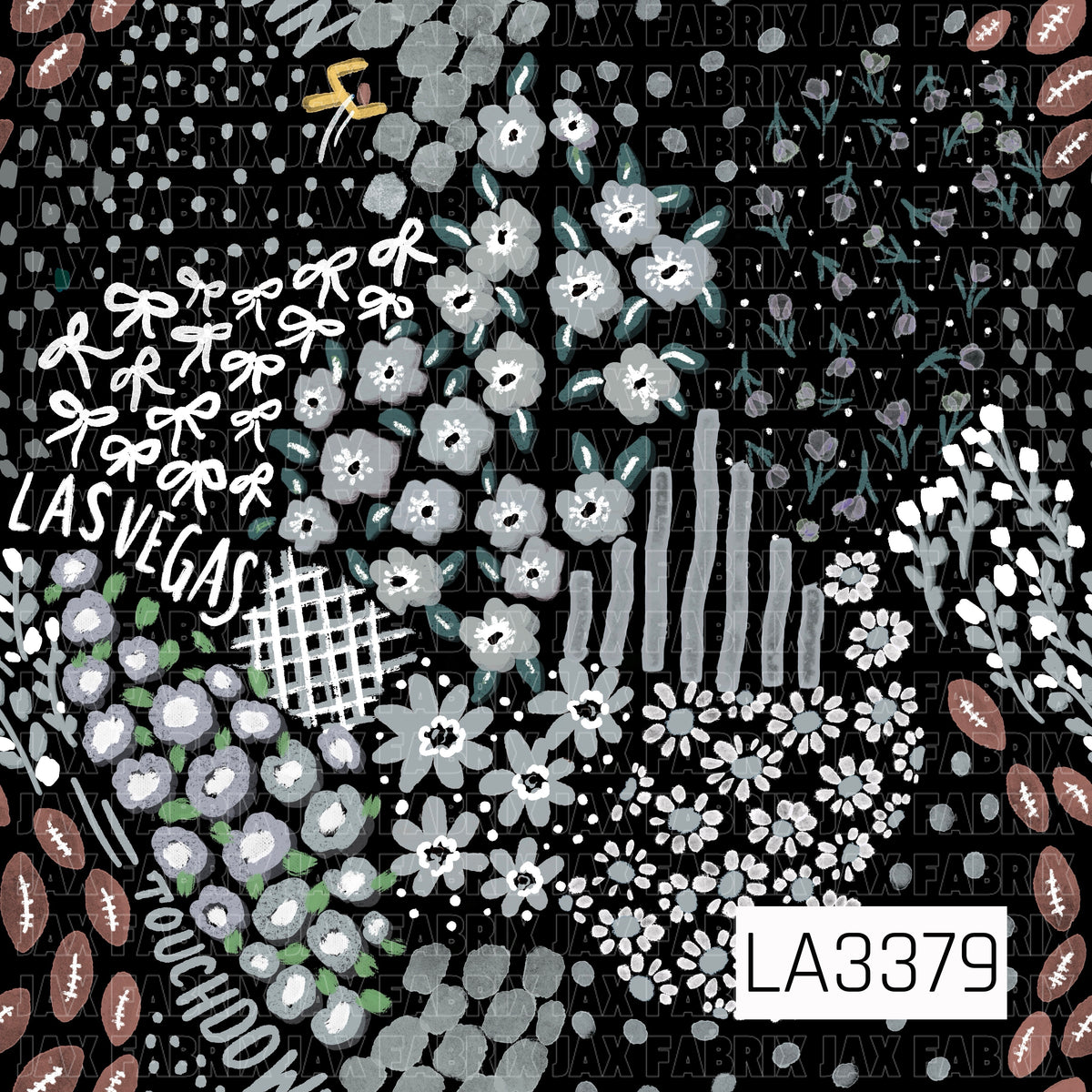 A bold Las Vegas football-inspired print featuring a sleek black, white, silver, and gray palette. Hand-painted florals, bows, footballs, scattered dots, sketchy stripes, and abstract accents are mixed with “Las Vegas” and “Touchdown” lettering for a modern game day look.
