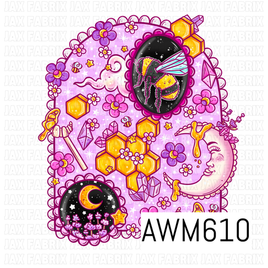 A whimsical celestial bee PNG featuring a detailed bumblebee, honeycomb, crescent moons, dripping honey, crystals and colorful florals in vibrant pink, purple and golden yellow tones.
Perfect for shirts, tumblers, bags, stickers, keychains, fabric panels and other celestial, floral or bee-themed projects.