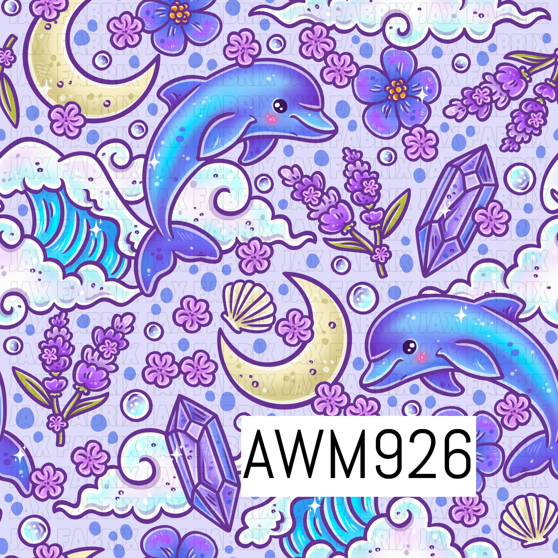 A whimsical pastel pattern featuring shimmering blue-purple dolphins surrounded by lavender flowers, crescent moons, ocean waves, crystals, seashells, clouds, and bubbles. The design has a dreamy, magical aesthetic with soft colors, sparkly accents, and a cute kawaii-inspired style.