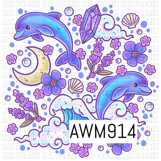 Whimsical ocean-inspired pastel PNG featuring playful dolphins, rolling waves, fluffy clouds, lavender flowers, seashells, bubbles, a crescent moon, and a sparkling crystal. Designed in dreamy shades of purple, blue, and white with cute hand-drawn details, this magical coastal artwork has a soft fantasy aesthetic on a transparent background.