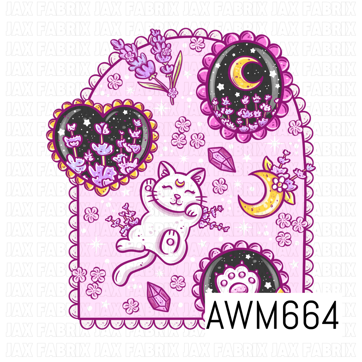 A whimsical celestial cat PNG featuring a playful white cat PNG surrounded by crescent moons, sparkling stars, crystals, lavender sprigs and framed floral night skies. Soft pink and purple tones are accented with sunny yellow details for a dreamy, magical feel.