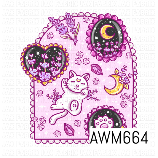 A whimsical celestial cat PNG featuring a playful white cat PNG surrounded by crescent moons, sparkling stars, crystals, lavender sprigs and framed floral night skies. Soft pink and purple tones are accented with sunny yellow details for a dreamy, magical feel.