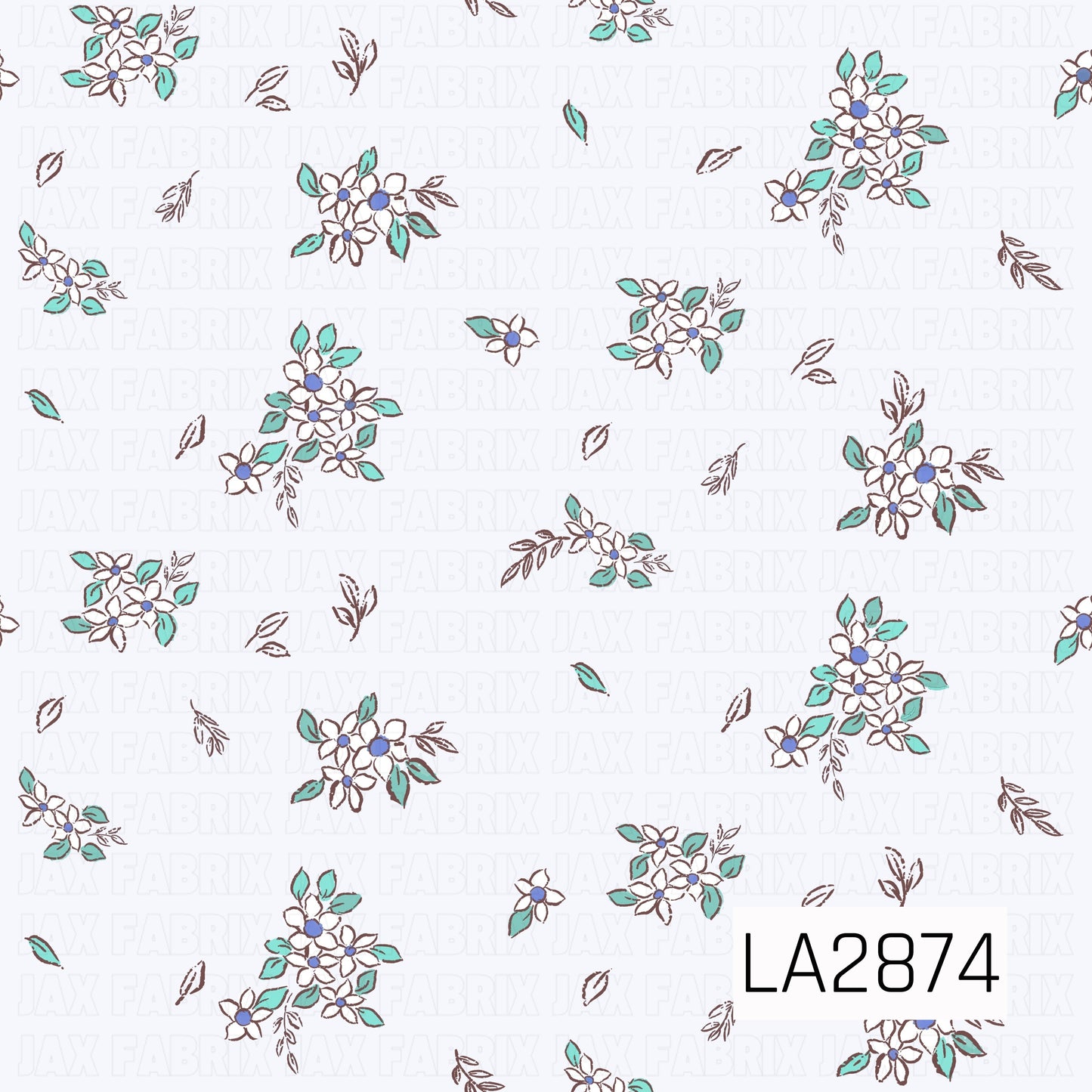 A delicate ditsy floral pattern featuring small white flowers with soft lavender-blue centers, accented by sage green leaves and warm brown stems. Scattered across a pale lavender background, the gentle color palette creates a charming vintage-inspired design that's perfect for coordinating fabrics and bows.
