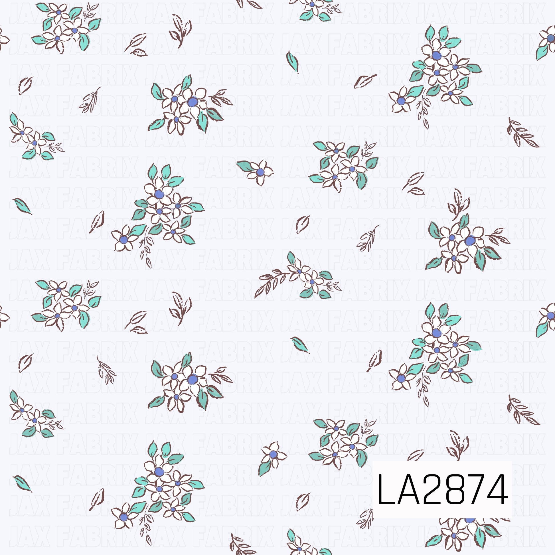 A delicate ditsy floral pattern featuring small white flowers with soft lavender-blue centers, accented by sage green leaves and warm brown stems. Scattered across a pale lavender background, the gentle color palette creates a charming vintage-inspired design that's perfect for coordinating fabrics and bows.
