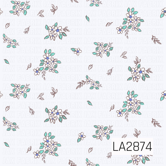A delicate ditsy floral pattern featuring small white flowers with soft lavender-blue centers, accented by sage green leaves and warm brown stems. Scattered across a pale lavender background, the gentle color palette creates a charming vintage-inspired design that's perfect for coordinating fabrics and bows.
