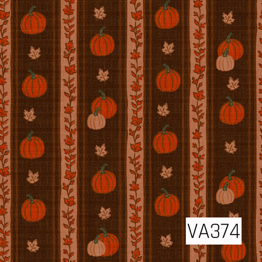 A warm vintage fall stripe featuring bright orange and soft blush pumpkins scattered with autumn leaves. Vertical floral vine stripes add a delicate touch against the deep chocolate brown background, with subtle plaid texture throughout for a cozy, rustic feel.
