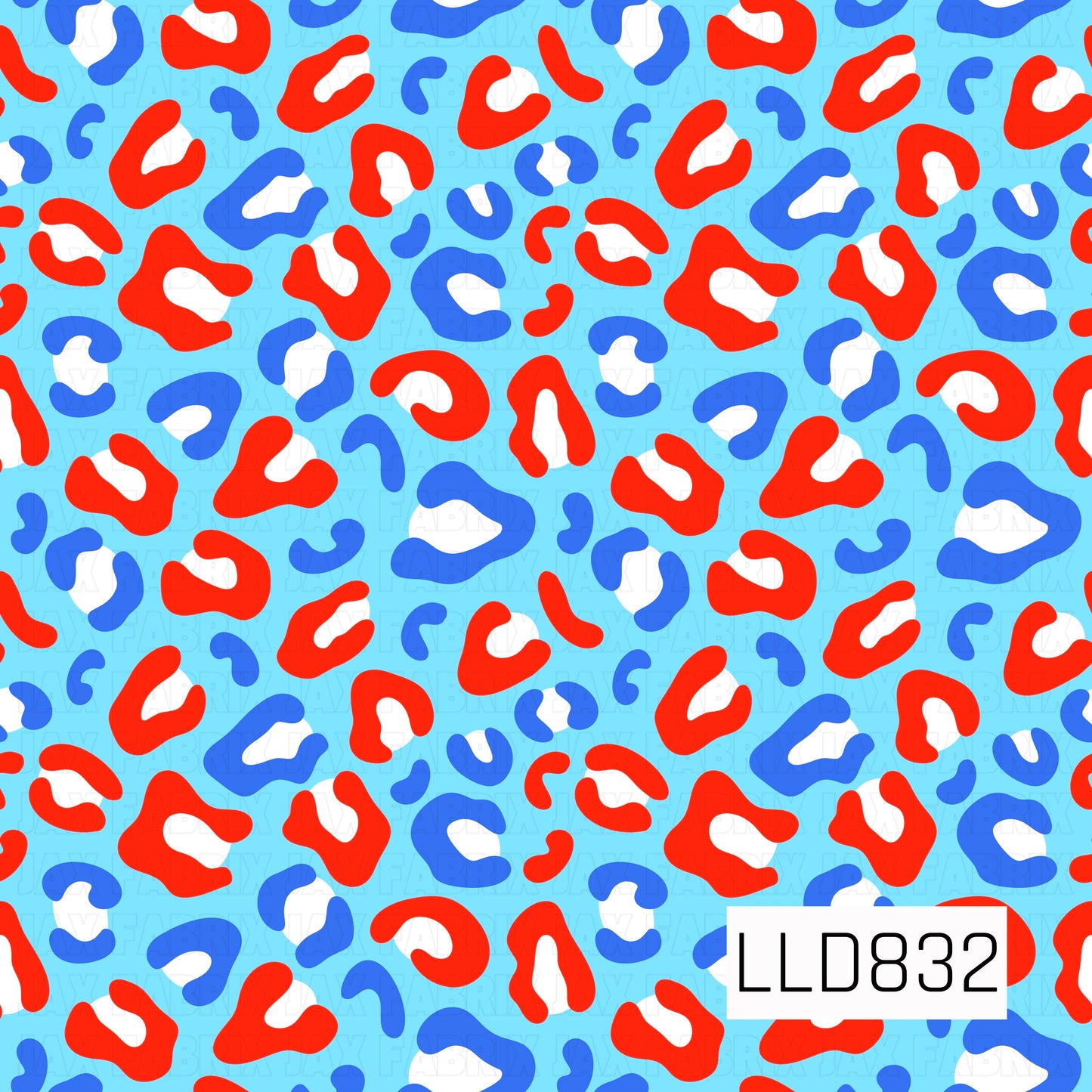 A seamless leopard print pattern featuring bright red, royal blue, and white spots on a light blue background.
